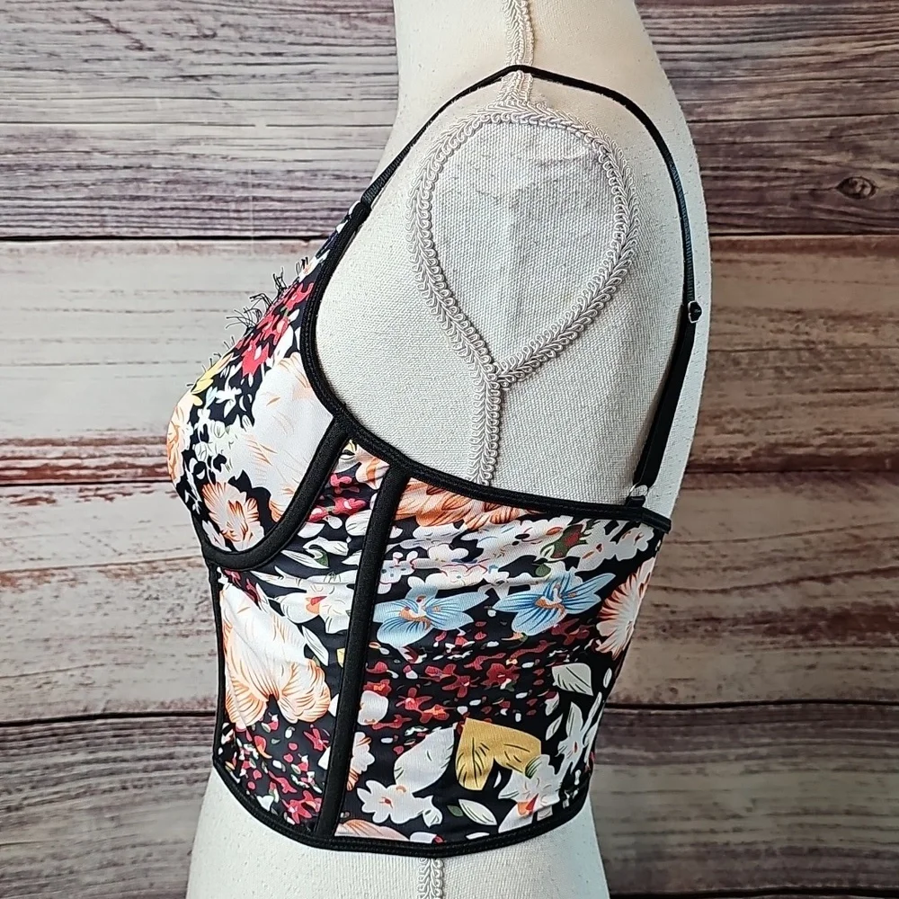 NEW SHEIN BLACK FLORAL EYELASH TRIM UNDERWIRE CORSET - Picture 6 of 11